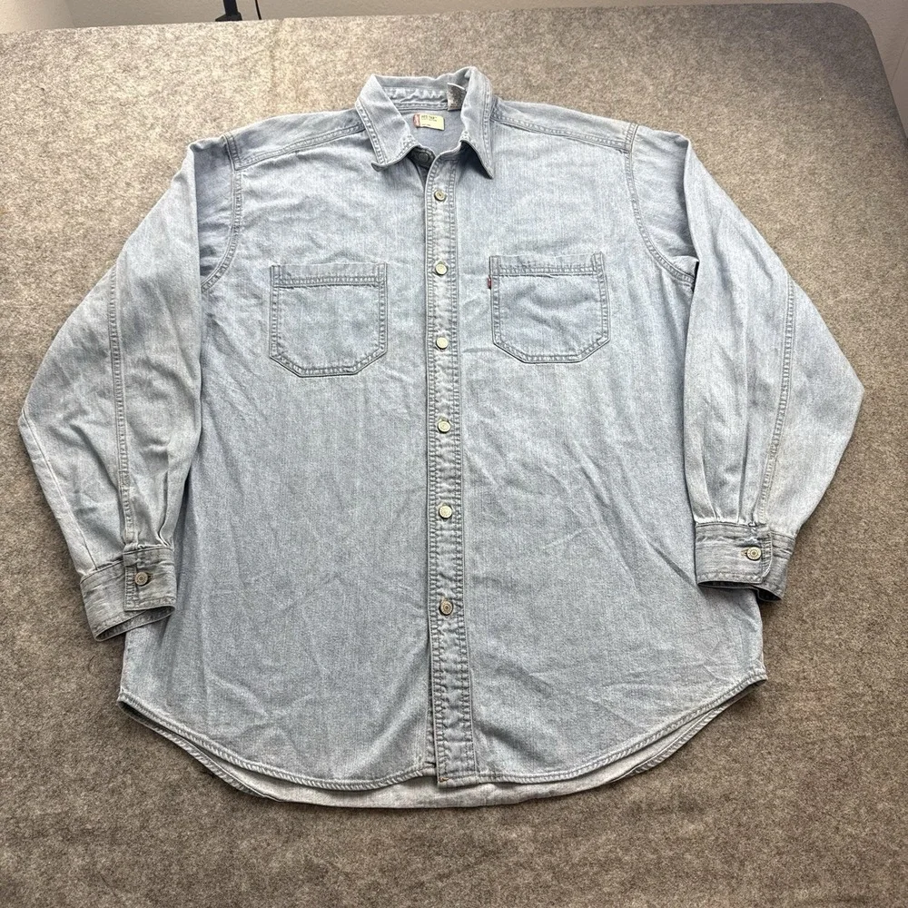 Vintage Levis Denim Shirt Mens Medium Blue Metal Buttons Work Red Tab Y2K